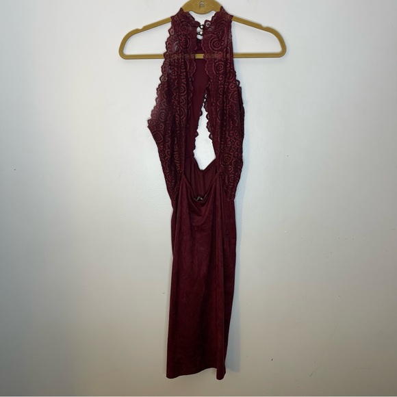 FASHION NOVA Burgundy Lace and Faux Suede Criss Cross Front and Back Dress MED - Picture 3 of 6